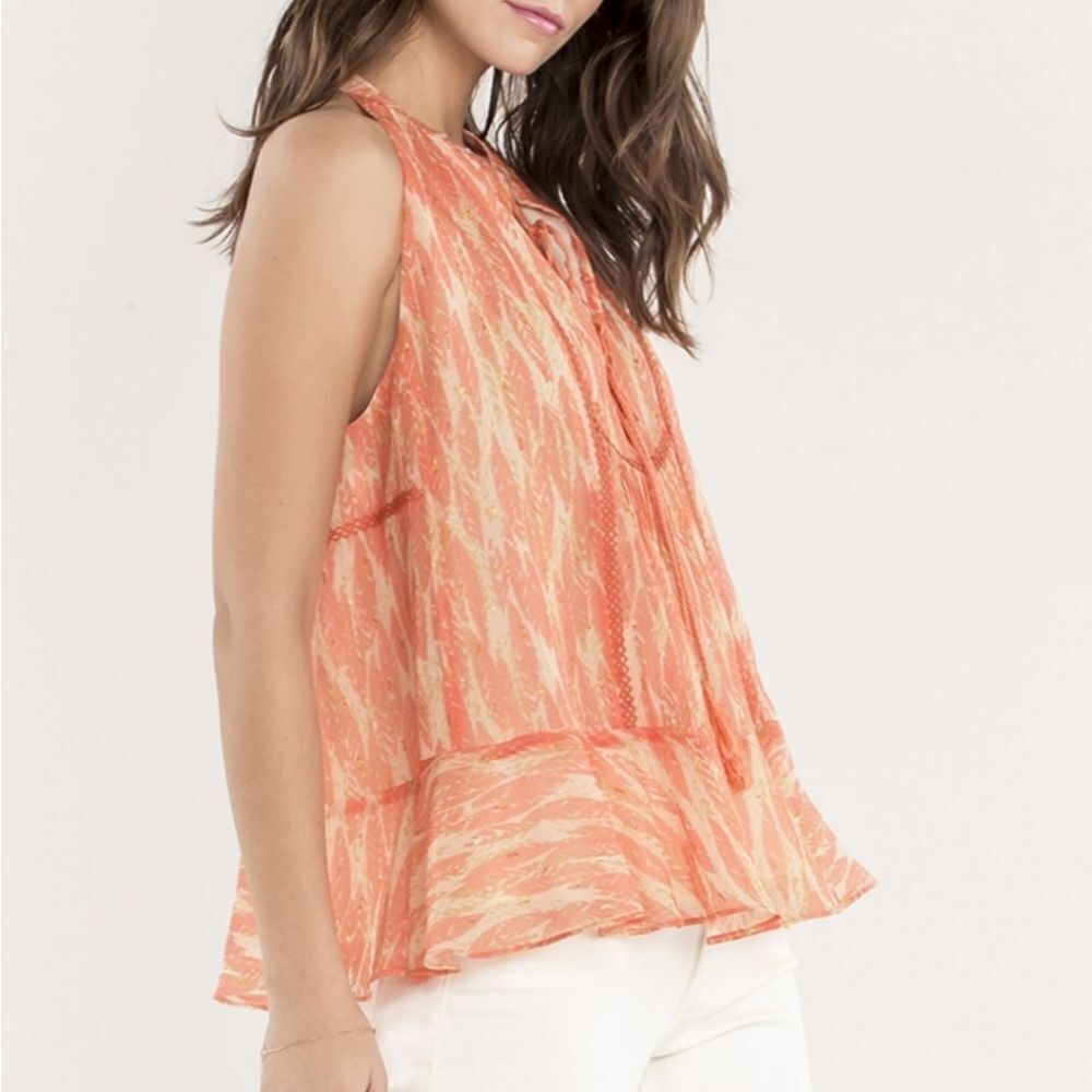 Miss Me Swing Halter Top Feminine Flirty Tassled Feather Print Blouse